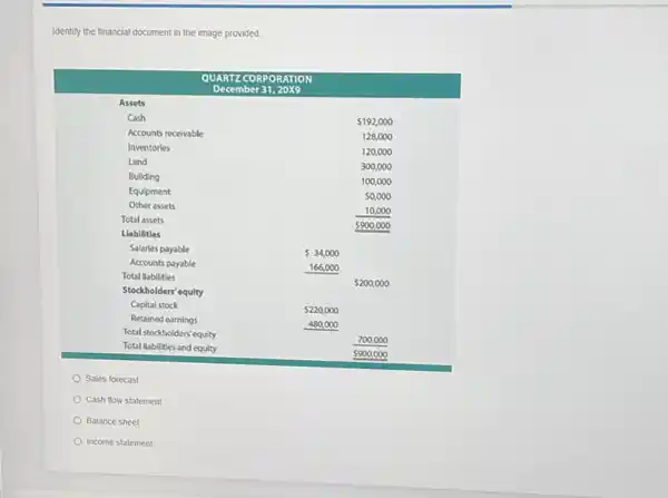 Identify the financial document in the image provided.
Sales forecast
Cash flow statement
Balance sheet
Income statement