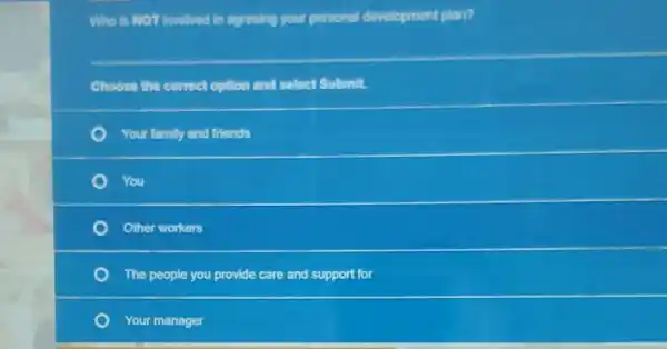 Who is NOT involved in agreeing your personal development plan?
Choose the correct option and select Submit.
Your family and friends
Other workers
The people you provide care and support for
Your manager