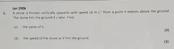 Jan 2006
1. A stone is thrown vertically upwards with speed 16ms^-1 from a point h metres above the ground.
The stone hits the ground 4 s later Find
(a) the value of h,
(3)
(b) the speed of the stone as it hits the ground.
(3)