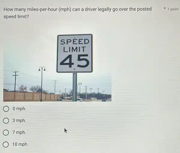 How many miles-per-hour (mph) can a driver legally go over the posted
speed limit?
0 mph.
3 mph.
7 mph.
10 mph.
1 point