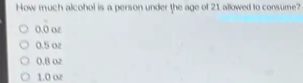 How much alcohol is a person under the age of 21 allowed to consume?
0.0oz
0.5oz
0.8oz
1.0oz