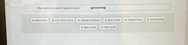 often called municipal or magistrate courts
Reservation
U.S. Circuit Courts
General Jurisdiction
Minor Courts
Federal Courts
Courts-Martial
State Courts
Tribal Courts