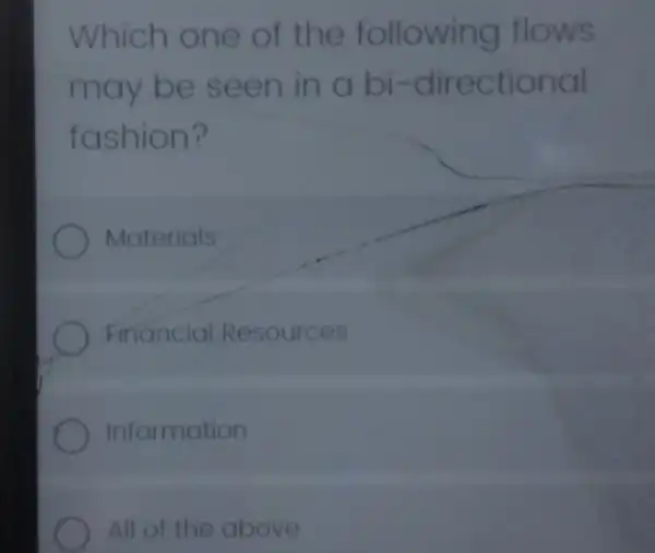 Which one of the following flows
may be seen in a bi-dire ctional
fashion?
Materials
Financial Resources
Information
All of the above