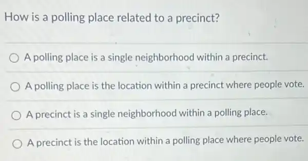 How is a polling place related to a precinct?
A polling place is a single neighborhood within a precinct.
A polling place is the location within a precinct where people vote.
A precinct is a single neighborhood within a polling place.
A precinct is the location within a polling place where people vote.