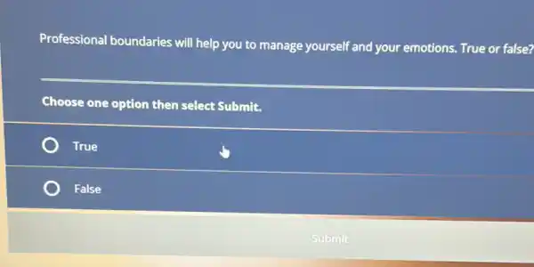 Professional boundaries will help you to manage yourself and your emotions. True or false?
Choose one option then select Submit.
True
False
Submit