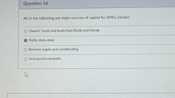 Question 16
All of the following are major sources of capital for SMEs, except:
Owners' funds and funds from Family and friends
Public share issue
Business angels and crowdfunding
Leasing and overdrafts