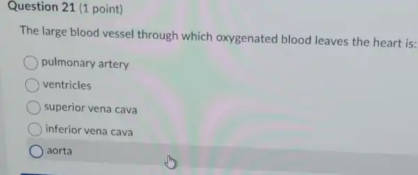 Question 21 (1 point)
The large blood vessel through which oxygenated blood leaves the heart is:
pulmonary artery
ventricles
superior vena cava
inferior vena cava