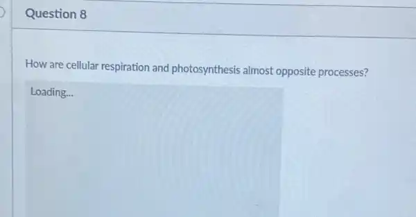 Question 8
How are cellular respiration and photosynthesis almost opposite processes?
Loading