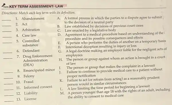 Rem KEY TERM ASSESSMENT:LAW
Directions: Match each key term with its definition.
__ 1. Abandonment
__ 2. Act
__ 3. Arbitration
__ 4. Case law
__ 5. Controlled
substance
__ 6. Defendant
__ 7. Drug Enforcement
Administration
(DEA)
__ 8. Emancipated minor
__ 9. Felony
__ 10. Fraud
__ 11. Informed consent
__ 12. Liability
__ 13. License
A. A formal process in which the parties to a dispute agree to submit
to the decision of a neutral party
B. Law established by decisions of previous court cases
C. Law enacted by a legislative body
D. Agreement to a medical procedure based on understanding of the
procedure and its possible consequences and effects
E. A person who performs the duties of another on a temporary basis
F. Intentional deception resulting in injury or loss
G. A legal doctrine making an employer liable for the negligent acts of
employees
H. The person or group against whom an action is brought in a court
of law
I. The person or group that makes the complaint in a lawsuit
J.
Failure to continue to provide medical care to a patient without
proper notification
K.Failure to act (or refrain from acting) as a reasonably prudent
person would in similar circumstances
L.A law limiting the time period for beginning a lawsuit
M. A person younger than age 18 with the rights of an adult, including
the ability to consent to medical care