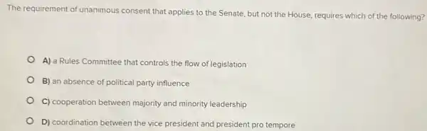 The requirement of unanimous consent that applies to the Senate but not the House requires which of the following?
A) a Rules Committee that controls the flow of legislation
B) an absence of political party influence
C) cooperation between majority and minority leadership
D) coordination between the vice president and president pro tempore