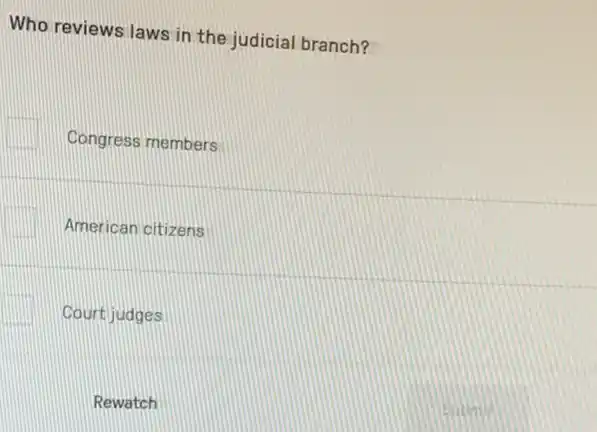 Who reviews laws in the judicial branch?
Congress members
American citizens
Court judges
Rewatch