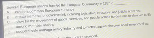 Several European nations formed the European Community in 1957 to
__
.
A. create a common European currency
B. create elements of government, including legislative executive, and judicial branches
C. allow for the movement of goods, services , and people across borders and to eliminate tariffs
among member nations
D. cooperatively manage heavy industry and to protect against the creation of weapons of war