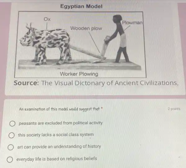 Source: The Visual Dictonary of Ancient Civilizations,
An examination of this model would suggest that
peasants are excluded from political activity
this society lacks a social class system
art can provide an understanding of history
everyday life is based on religious beliefs
2 points