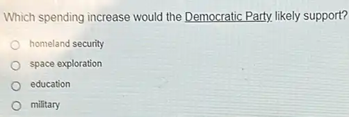 Which spending increase would the Democratic Party.likely support?
homeland security
space exploration
education
military