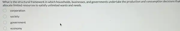 What is the structural framework in which households, businesses , and governments undertake the production and consumption decisions that
allocate limited resources to satisfy unlimited wants and needs.
corporation
society
government
economy