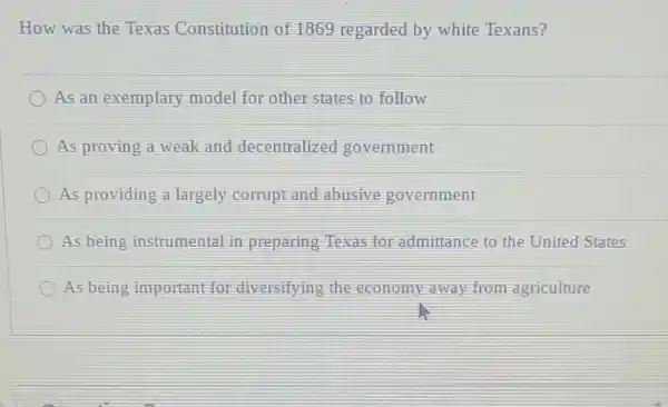 How was the Texas Constitution of 1869 regarded by white Texans?
As an exemplary model for other states to follow
As proving a weak and decentralized government
As providing a largely corrupt and abusive government
As being instrumental in preparing Texas for admittance to the United States
As being important for diversifying the economy away from agriculture