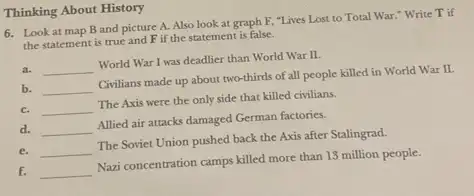 Thinking About History
6. Look at map B and picture A.Also look at graph F, "Lives Lost to Total War." Write T if
the statement is true and Fif the statement is false.
a. __
World War I was deadlier than World War II.
b. __
Civilians made up about two-thirds of all people killed in World War II.
C. __
The Axis were the only side that killed civilians.
d. __
Allied air attacks damaged German factories.
e. __
The Soviet Union pushed back the Axis after Stalingrad.
f. __
Nazi concentration camps killed more than 13 million people.