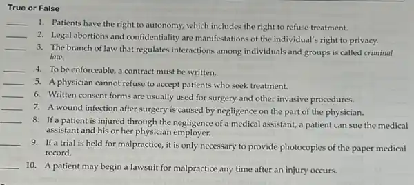 True or False
__
1. Patients have the right to autonomy, which includes the right to refuse treatment.
__
2. Legal abortions and confidentiality are manifestations of the individual's right to privacy.
__
3. The branch of law that regulates interactions among individuals and groups is called criminal
law.
__ 4. To be enforceable a contract must be written.
__ 5. A physician cannot refuse to accept patients who seek treatment.
__
6. Written consent forms are usually used for surgery and other invasive procedures.
__
7. A wound infection after surgery is caused by negligence on the part of the physician.
__
8. If a patient is injured through the negligence of a medical assistant,a patient can sue the medical
assistant and his or her physician employer.
__ 9.If a trial is held for malpractice, it is only necessary to provide photocopies of the paper medical
record.
__ 10. A patient may begin a lawsuit for malpractice any time after an injury occurs.