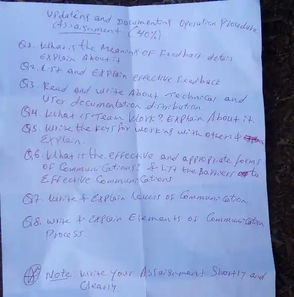 UPdating and Documenting Operation Procedure
40% 
eleta.
C) 2.6. and Explain effective Feedback
(3). Read and write about riechnical
UFer docomentation difficution
About it.
Explain.
is the effective
and appropriate form
Effective Commu
hever of Communi lation
Elements
Communication
te your Ass
Clearly