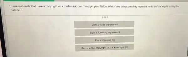 To use materials that have a copyright or a trademark, one must get permission. Which two things are they required to do before legally using the
material?
Sign a trade agreement
Sign a licensing agreement
Pay a licensing fee
Become the copyright or trademark owner