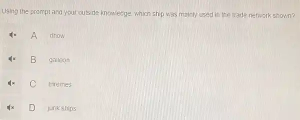 Using the prompt and your outside knowledge which ship was mainly used in the trade network shown?
A
dhow
B
galleon
C
triremes
D
junk ships