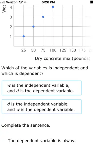 Which of the variables is independent and
which is dependent?
w is the independent variable,
and d is the dependent variable.
d is the independent variable,
and w is the dependent variable.
Complete the sentence.
The dependent variable is always