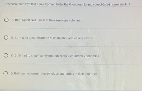 How were the ways that Louis XIV and Peter the Great rose to and consolidated power similar?
A. Both faced civil unrest in their overseas colonies.
B. Both took great efforts to build up their armies and navies.
C. Both had to significantly modernize their countries' economies.
D. Both gained power over religious authorities in their countries.