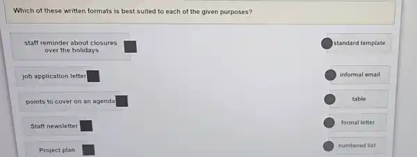Which of these written formats is best suited to each of the given purposes?
staff reminder about closures
over the holidays
standard template
job application letter
informal email
points to cover on an agenda
table
Staff newsletter
square 
formal letter
Project plan
numbered list