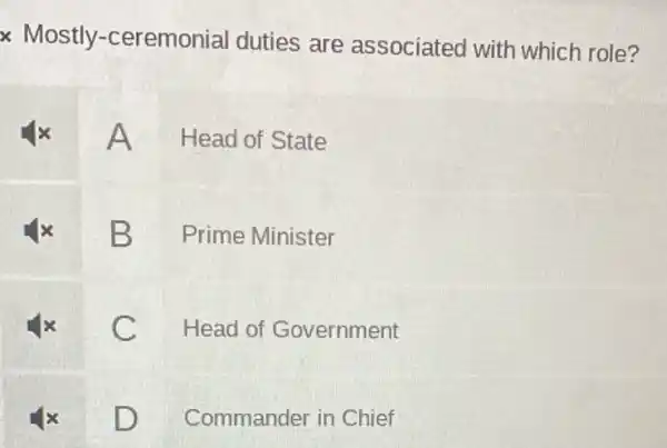 x Mostly.-ceremonial duties are associated with which role?
A Head of State
B
Prime Minister
C
Head of Government
D
Commander in Chief