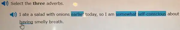 1)) Select the three adverbs.
) I ate a salad with onions earlier today, so I am somewhat self-conscious about
having smelly breath.