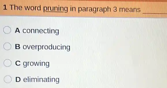 1 The word pruning in paragraph 3 means __
A connecting
B overproducing
C growing
D eliminating