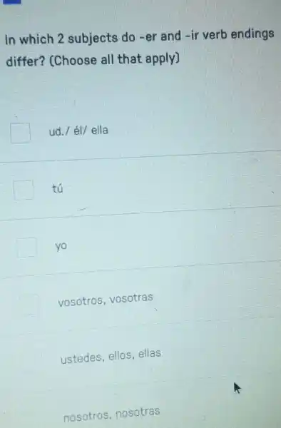 In which 2 subjects do -er and -ir verb endings
differ? CChoose all that apply)
ud./ él/ ella
tú
yo
vosotros , vosotras
ustedes,ellos ellas
nosotros , nosotras