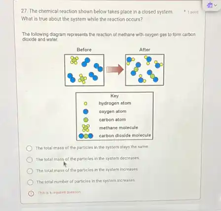 27. The chemical reaction shown below takes place in a closed system. What is true about the system while the reaction occurs?
1 point
The following diagram represents the reaction of methane with oxygen gas to form carbon dioxide and water.
The total mass of the particles in the system stays the same.
The total mass of the particles in the system decreases.
The total mass of the particles in the system increases.
The total number of particles in the system increases.