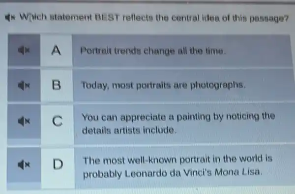 4x Which statement BEST reflects the central idea of this passage?
A Portrait trends change all the time.
B Today, most portraits are photographs.
square 
You can appreciate a painting by noticing the
details artists include.
square 
The most well-known portrait in the world is
probably Leonardo da Vinci's Mona Lisa.