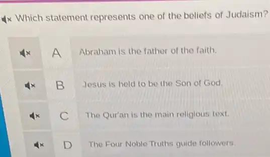 4x Which statement represents one of the beliefs of Judaism?
A Abraham is the father of the faith.
B Jesus is held to be the Son of God.
C The Qur'an is the main religious text.
x D The Four Noble Truths guide followers.