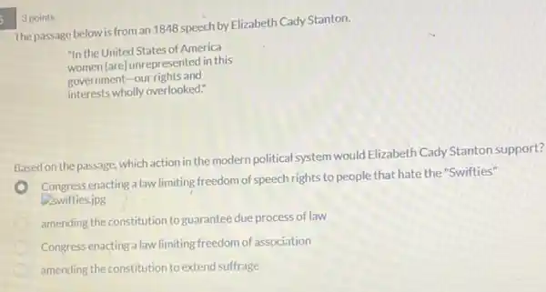 5 3 points
The passage below is from an 1848 speech by Elizabeth Cady Stanton.
"In the United States of America
women fare]unrepresented in this
government-our rights and
interests wholly overlooked:
Based on the passage, which action in the modern political system would Elizabeth Cady Stanton support?
Congress enacting a law limiting freedom of speech rights to people that hate the "Swifties"
swifties.jpg
amending the constitution to guarantee due process of law
Congress enacting a law limiting freedom of association
amending the constitution to extend suffrage