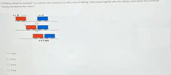 A 6000 kg railroad car moving at 5m/s collides into a stationary car with a mass of 4000 kg. If they couple together after the collision, what will be their combined
velocity immediately after impact?
1m/s
2m/s
3m/s
4m/s