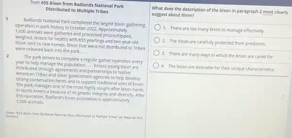 from 655 Bison from Badlands National Park
Distributed to Multiple Tribes
1
Badlands National Park completed the largest bison gathering
operation in park history In October 2022. Approximately
1,600 animals were gathered and processed
welghed, tested for health)with 655 yearlings and two-year-old
bison sent to new homes. Bison that were not distributed to Tribes
were released back into the park. __
2
The park strives to complete a regular gather operation every
year to help manage the population. __ Excess young bison are
distributed through agreements and partnerships to Native
American Tribes and other government agencies to help develop
strong conservation herds and to support traditional uses of bison.
The park manages one of the most highly sought-after bison herds
In North America because of its genetic integrity and diversity. After
this operation, Badland's bison population is approximately
1,000 animals
(trom "855 Bison from Basiands National Park Distributed to Multiple Tribes" by National Park Service)
What does the description of the bison in paragraph 2 most clearly
suggest about them?
1. There are too many bison to manage effectively.
2. The bison are carefully protected from predators
3. There are many ways in which the bison are cared for.
4. The bison are desirable for their unique characteristics.