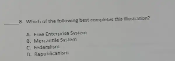 __
8. Which of the following best completes this illustration?
A. Free Enterprise System
B. Mercantile System
C.Federalism
D. Republicanism