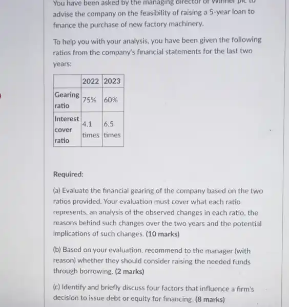 You have been asked by the managing advise the company on the feasibility of raising a 5 -year loan to finance the purchase of new factory machinery.
To help you with your analysis, you have been given the following ratios from the company's financial statements for the last two years:

 & 2022 & 2023 
 }(l)
Gearing 
ratio
 & 75 % & 60 % 
 
Interest 
cover 
ratio
 & 4.1 & 6.5 


Required:
(a) Evaluate the financial gearing of the company based on the two ratios provided. Your evaluation must cover what each ratio represents, an analysis of the observed changes in each ratio, the reasons behind such changes over the two years and the potential implications of such changes. (10 marks)
(b) Based on your evaluation, recommend to the manager (with reason) whether they should consider raising the needed funds