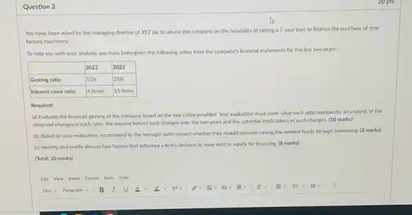 You have been asked by the managing director of mathrm(XYZ) plc to advise the company on the feasibility of raising a 7 -year loan to finance the purchase of new factory machinery.
To help you with your analysis, you have been given the following ratios from the company's financial statements for the last two years:

 & 2022 & 2023 
 Gearing ratio & 55 % & 25 % 
 Interest cover ratio & 4 times & 15 times 


Required:
(a) Evaluate the financial gearing of the company based on the two ratios provided. Your evaluation must cover what each ratio represents, an analysis of the observed changes in each ratio, the reasons behind such changes over the two years and the potential implications of such changes. (10 marks)
(b) Based on your evaluation, recommend to the manager (with reason) whether they should consider raising the needed funds through borrowing. ( 2 marks)
(c) Identify and briefly discuss four factors that influence a firm's decision to issue debt or equity for financing. ( 8 marks)