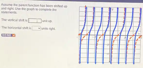 Assume the parent function has been shifted up
and right. Use the graph to complete the
statements.
The vertical shift is square  unit up.
The horizontal shift is square  units right.
DONE