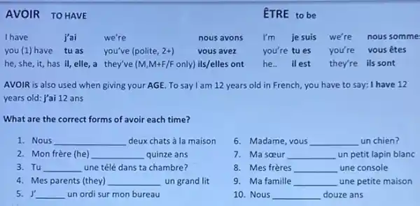 AVOIR TO HAVE
I have	j'ai	we're	nous avons I'm jesuis we're nous somme
you(1) have tu as you've (polite, 2+	vous avez	you're tu es you're vous êtes
he, she, it,has il, elle, a they've (M,M+F/F only) ils/elles ont he.. ilest they're ils sont
AVOIR is also used when giving your AGE.To say I am 12 years old in French, you have to say: I have 12
years old: j'ai 12 ans
What are the correct forms of avoir each time?
1. Nous __ deux chats à la maison
6. Madame, vous __ un chien?
2. Mon frère (he) __ quinze ans
7. Ma sceur __ un petit lapin blanc
3. Tu __ une télé dans ta chambre?
8. Mes frères __ une console
4. Mes parents (they) __ un grand lit
9. Ma famille __ une petite maison
5. J' __ un ordi sur mon bureau
10. Nous __ douze ans