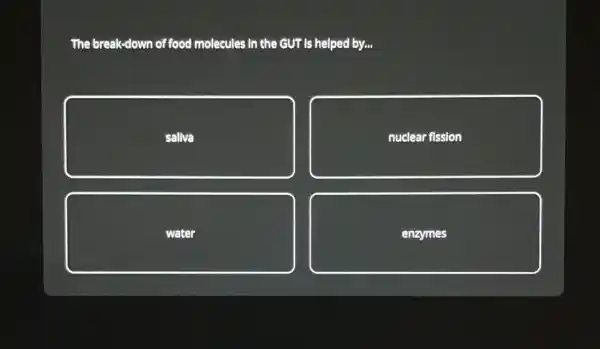 The b break-down of food molecules in the GUT is helped by...
saliva
nuclear fission
water
enzymes