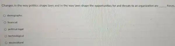 Changes in the way politics shape laws and in the way laws shape the opportunities for and threats to an organization are __ forces.
demographic
financial
political-legal
technological
sociocultural