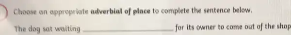 Choose an appropriate adverbial of place to complete the sentence below.
The dog sat waiting __ for its owner to come out of the shop