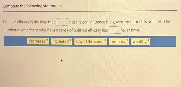 Complete the following statement.
Political efficacy is the idea that : square  citizens can influence the government and its policies . The
number of Americans who have a sense of political efficacy has square  over time.
decreased
increased
stayed the same
ordinary
wealthy