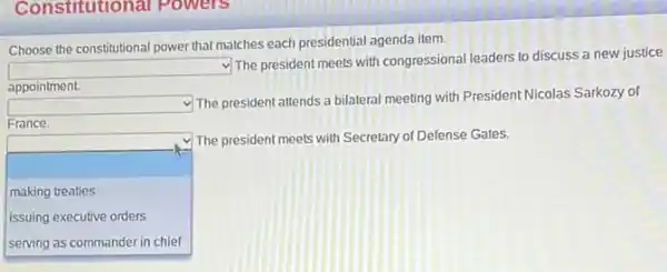 Constitutional Powers
Choose the constitutional power that matches each presidential agenda item.
square 
The president meets with congressional leaders to discuss a new justice
appointment.
square 
The president attends a bilateral meeting with President Nicolas Sarkozy of
France.
square 
. I
The president meets with Secretary of Defense Gates.
making treaties
issuing executive orders