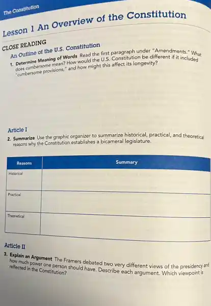 The Constitution
Lesson 1 An Overview of the Constitution
CLOSE READING
An Outline of the U.S. Constitution
1. Determine Meaning of Words Read the first paragraph under "Amendments." What does cumbersome mean? How would the U.S. Constitution be different if it included "cumbersome provisions," and how might this affect its longevity?
Article I
2. Summarize Use the graphic organizer to summarize historical, practical, and theoretical reasons why the Constitution establishes a bicameral legislature.

 multicolumn(1)(|c|)( Reasons ) & 
 Historical & 
 Practical & 
 Theoretical & 


Article II
3. Explain an Argument The Framers debated two very different views of the presidency and how much power one person should have. Describe each argument. Which viewpoint is reflected in the Constitution?