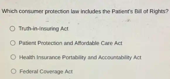 Which consumer protection law includes the Patient's Bill of Rights?
Truth-in-Insuring Act
Patient Protection and Affordable Care Act
Health Insurance Portability and Accountability Act
Federal Coverage Act